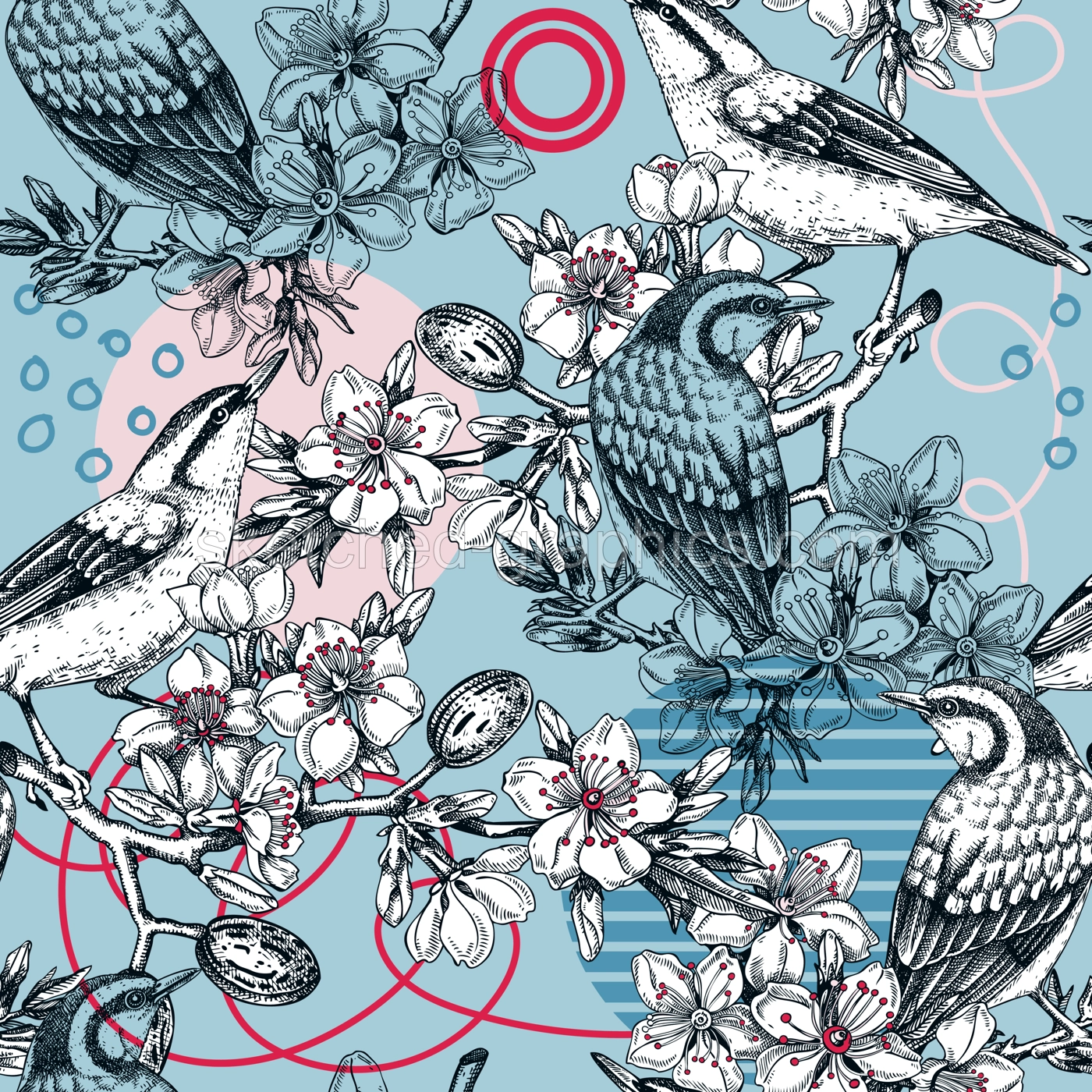 Collage style seamless pattern design. Hand drawn bird nuthatches on flowering almond tree branches. Trendy background with botanical, geometric shapes, and abstract elements for prints or fabrics Illustration